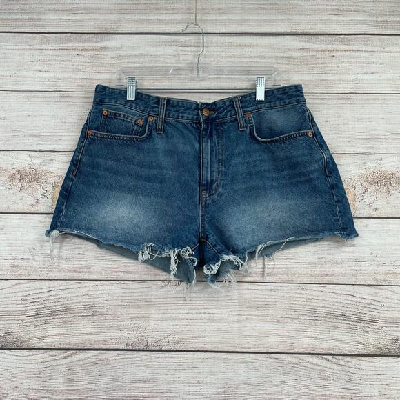 Madewell Relaxed Denim Shorts Womens 31 Blue Distressed High Rise Raw Hem Summer - Picture 1 of 8